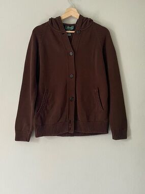 Lauren Ralph Lauren Brown Cotton Knit Hooded Cardigan